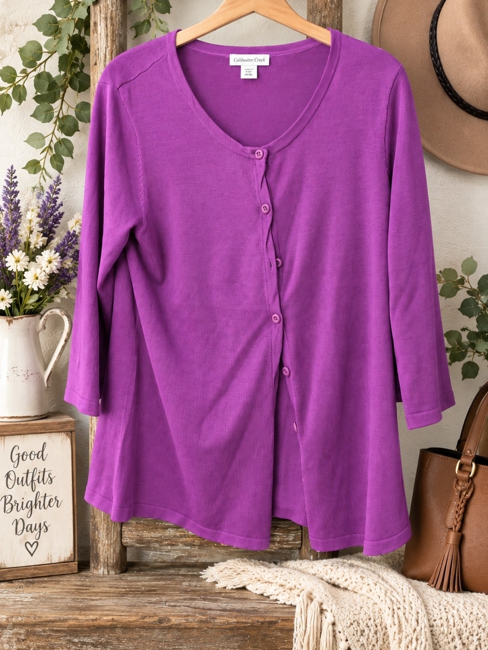 Coldwater Creek Women’s XL Purple Button Front Cardigan Sweater 3/4 Sleeve